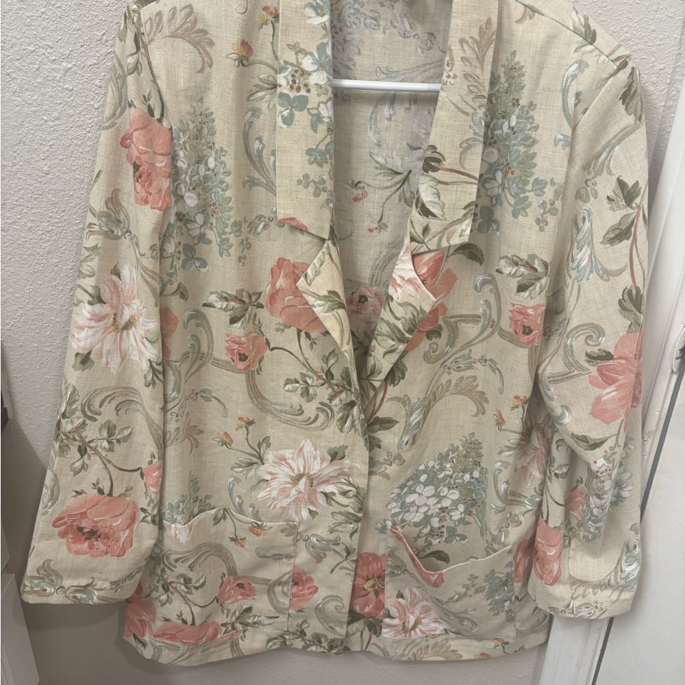 Vintage Floral Blazer with Pink and Green Accents